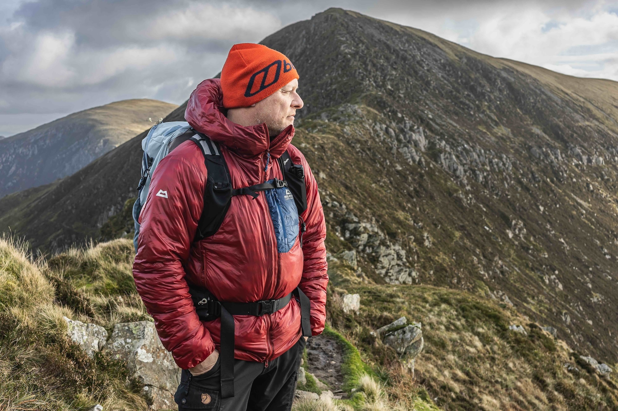 Mountain Equipment Oreus jacket being tested in snowy mountain conditions showing weather resistance