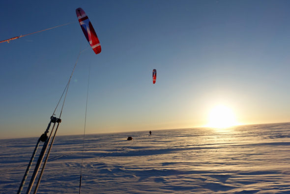 Leo Houlding and Bruce Corrie snowkiting under the midnight sun