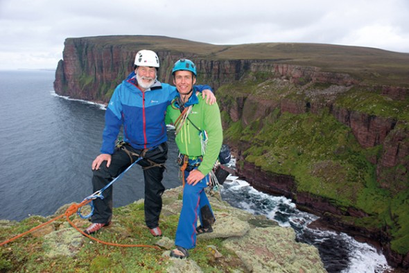 Sir Chris Bonington and Leo Houlding on the summit of the Old Man of Hoy  (photo credit - Berghaus) sm