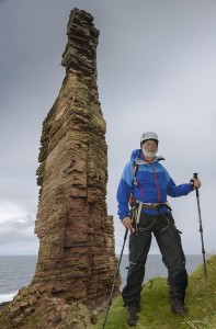 Sir Chris Bonington prepares to climb the Old Man of Hoy (photo credit - Berghaus)